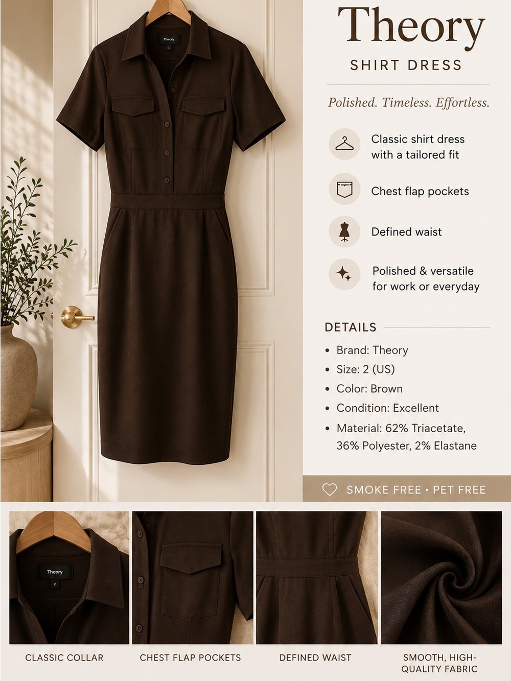 Theory Brown Tailored Shirt Midi Dress